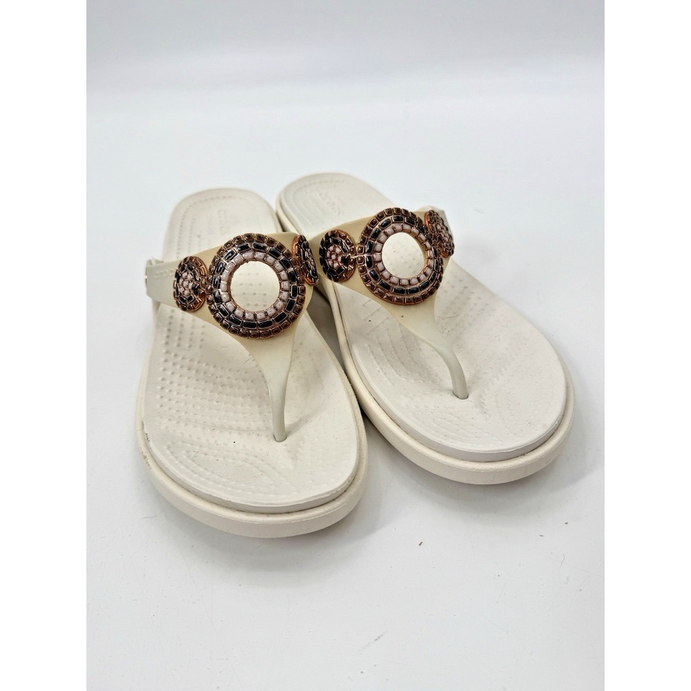 Crocs Sanrah Diamante Wedge Ivory Oyster Rose Gold 9 Wedge Thong Sandal